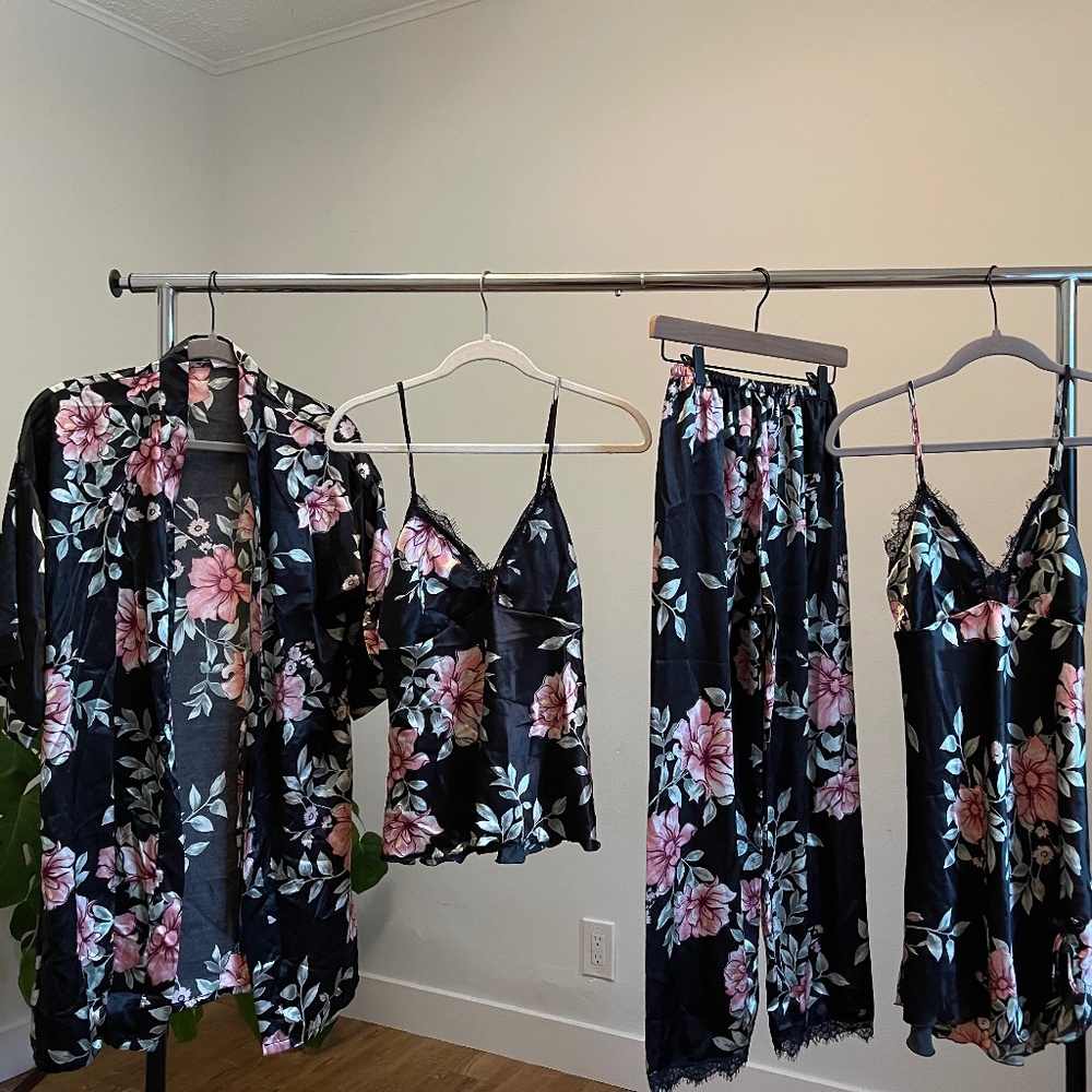 Floral PJ set (robe, shorts, camisole, slip)